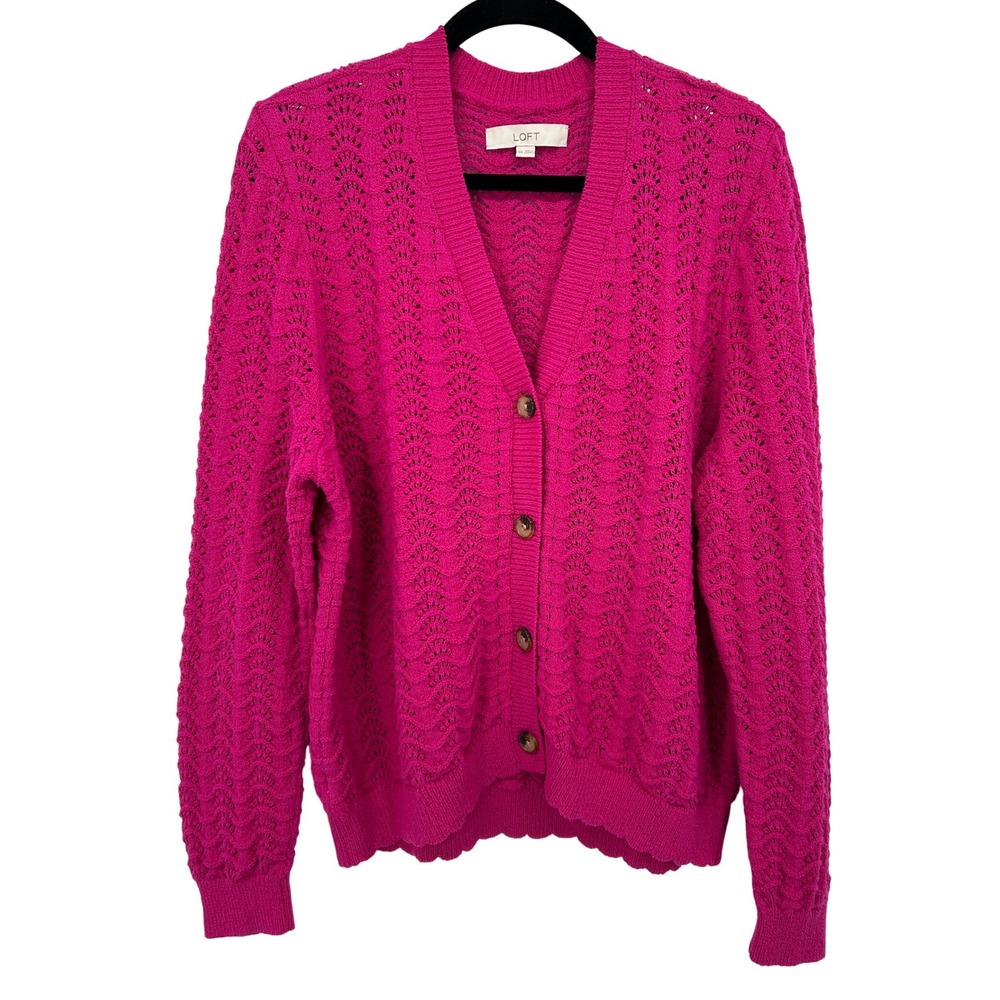 LOFT Womens XXL Pink Pointelle Open Knit V-Neck Button Cardigan Sweater Dopamine